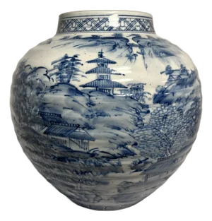 Late 19th Century Meiji Period Japanese Jade Peak Blue & White Blue Willow Vase Jar