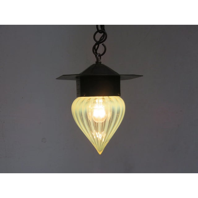 Metal Small Antique Art Nouveau Wrought Iron and Glass Ceiling Lamp For Sale - Image 7 of 18