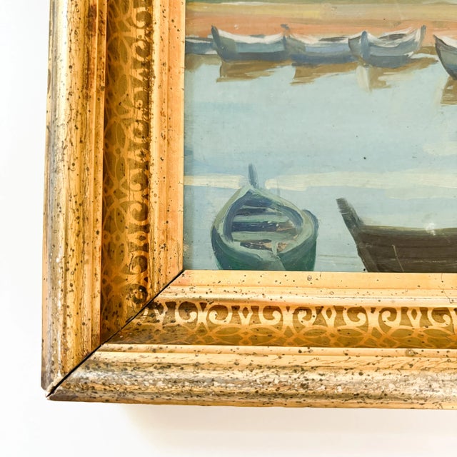 1920s Weathered Signed French Harbor Painting: Vintage Port Scene in Gilt Frame, 1926 For Sale - Image 5 of 10