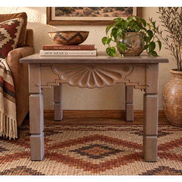 Handcrafted Southwestern side table by Ernest Thompson Furniture of New Mexico, featuring a striking hand-carved...