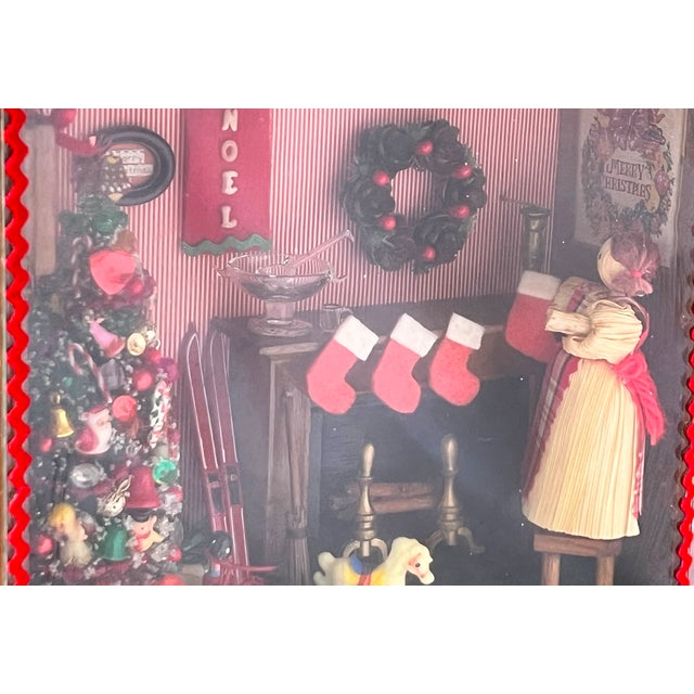 Ralph Lauren Vintage Handmade Christmas Diorama Shadow Box With Miniature Holiday Stocking by the Fire Scene. For Sale - Image 4 of 13