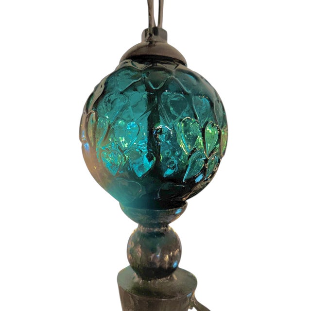 Pair of 1980s Brutalist Hand Blowed Glass Metal Pendants For Sale - Image 4 of 5