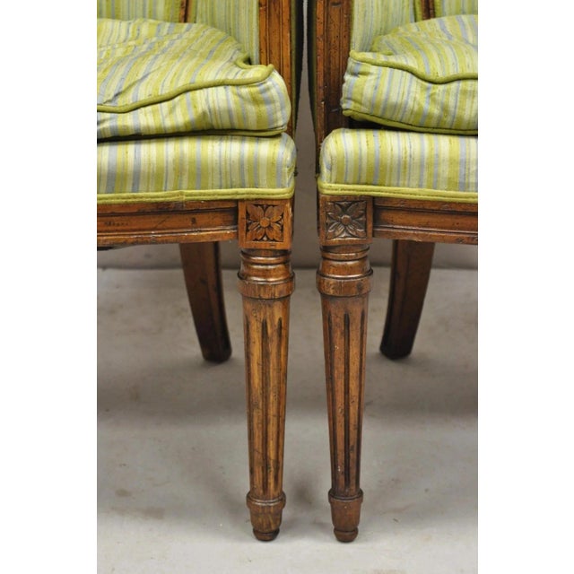 Wood Antique Italian Regency Distress Carved Walnut Barrel Back Club Arm Chair, Pair For Sale - Image 7 of 11