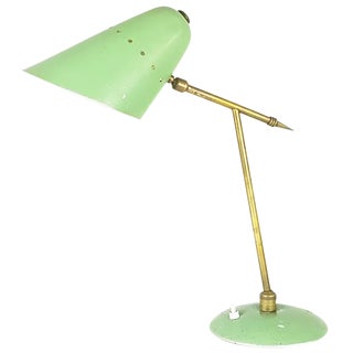 Mid-Century Adjustable Table Lamp in Aqua Green Metal and Brass, 1950s For Sale