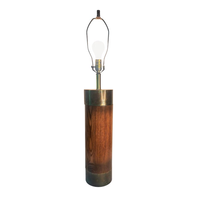 Vintage Mid-Century Modern Oak and Brass Cylinder Table Lamp For Sale