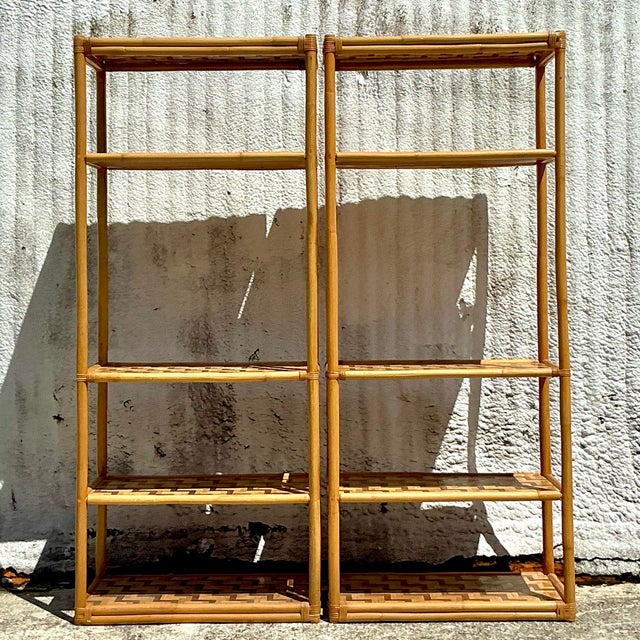 Khaki Vintage Coastal Parquet Rattan Etagere - a Pair For Sale - Image 8 of 10