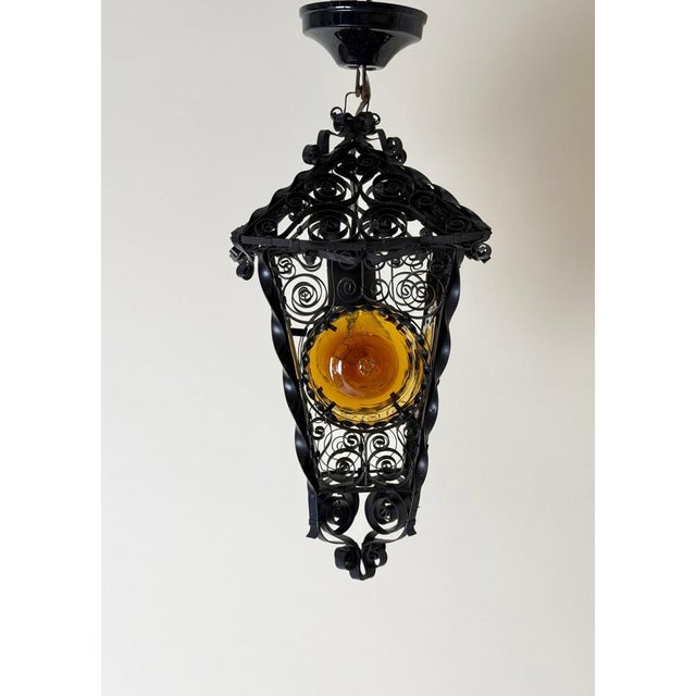 Venetian-Style Handcrafted Lantern Lamp with Amber Glass Panels, 1960s For Sale - Image 12 of 18