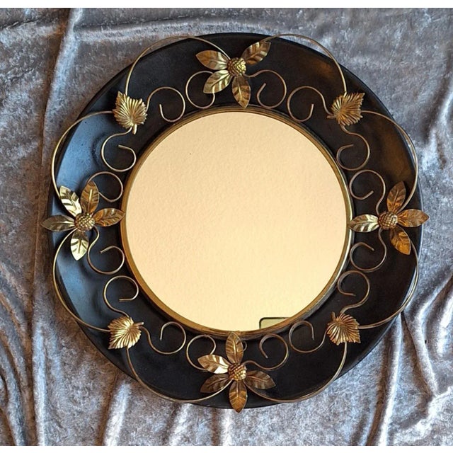 1960s Vintage Round Wall Mirror with Black Metal Bracket with Brass Decorations, 1960s For Sale - Image 5 of 5