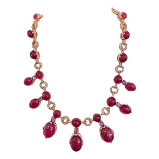 Bochic “Capri” Vintage Ruby, Amethyst & Sapphire Necklace 18K Gold -Silver For Sale