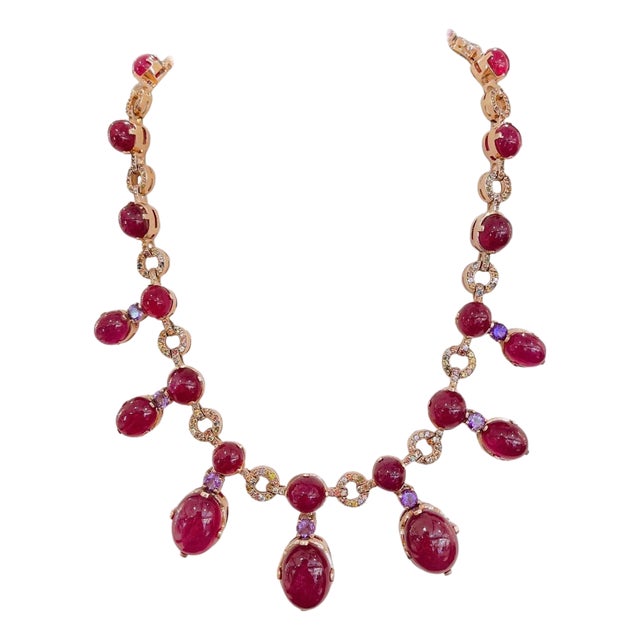 Bochic “Capri” Vintage Ruby, Amethyst & Sapphire Necklace 18K Gold -Silver For Sale