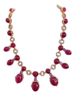 Bochic “Capri” Vintage Ruby, Amethyst & Sapphire Necklace 18K Gold -Silver