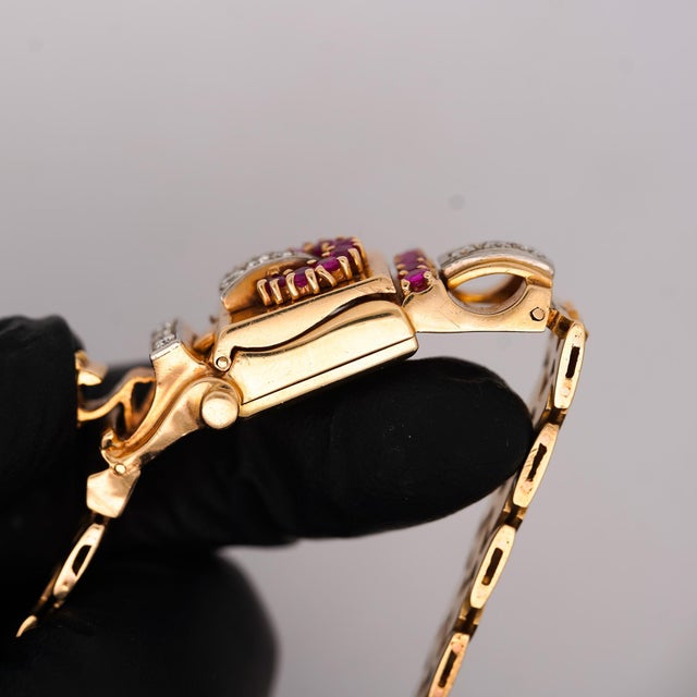 Mid 20th Century Mercedes Signed 14k Gold Ruby & Diamond Art Deco Hidden Watch Bracelet For Sale - Image 13 of 14