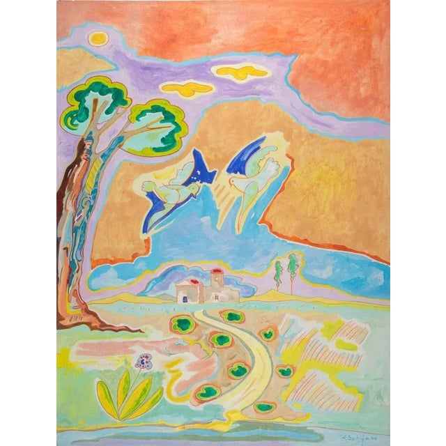 1980s Luciano Schifano, The Doves and the Cottage, Oil Painting, 1988 For Sale - Image 5 of 5