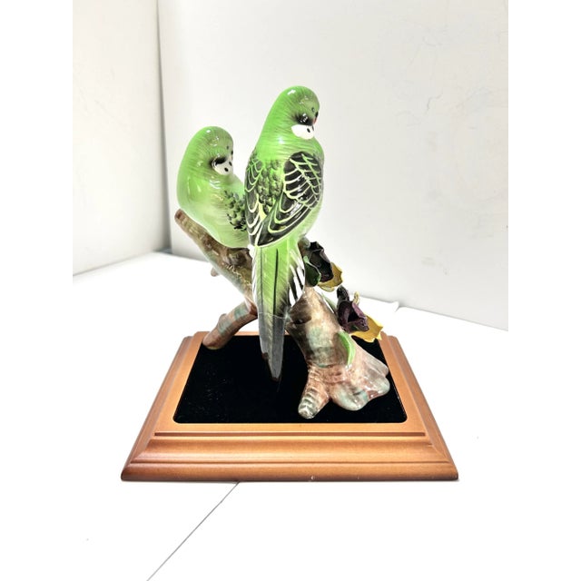 Mid Century Porcelain Parakeet Sculpture – Chinoiserie Bird Figurine on Wood Base For Sale - Image 4 of 12