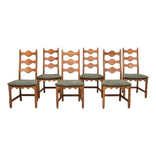 Dining Chairs in Oak and Pierre Frey Tweed from Henning Kjærnulf, 1960s, Set of 6 For Sale