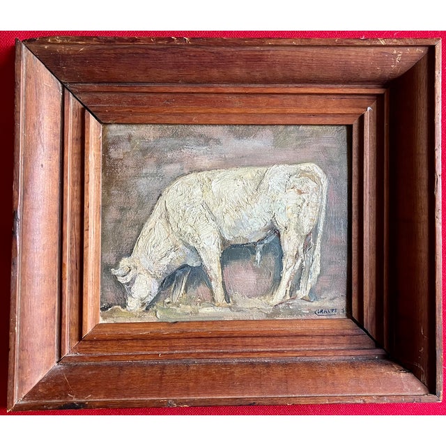 American Folk Art Oil Painting of a White Cow or Bull Signed Graves and Dated 1931 For Sale - Image 4 of 8