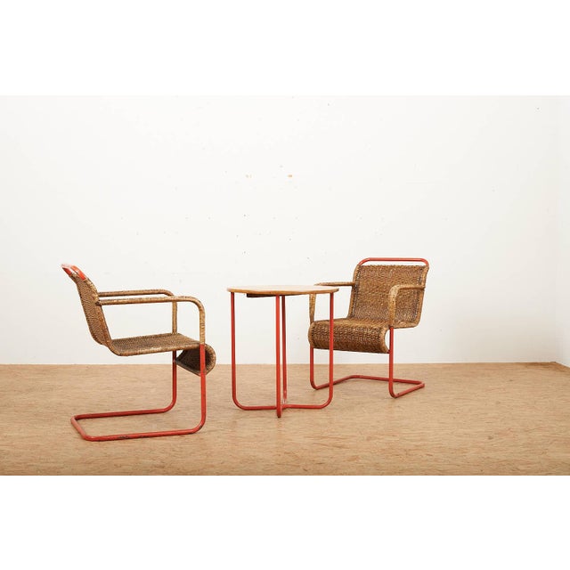 Side Table with Armchairs in Red Lacquered Tubular Steel, 1920s, Set of 3 For Sale - Image 4 of 18