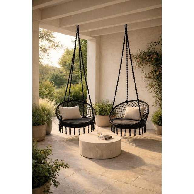 Black Vintage Black Macrame Rope Swing Chair For Sale - Image 8 of 8