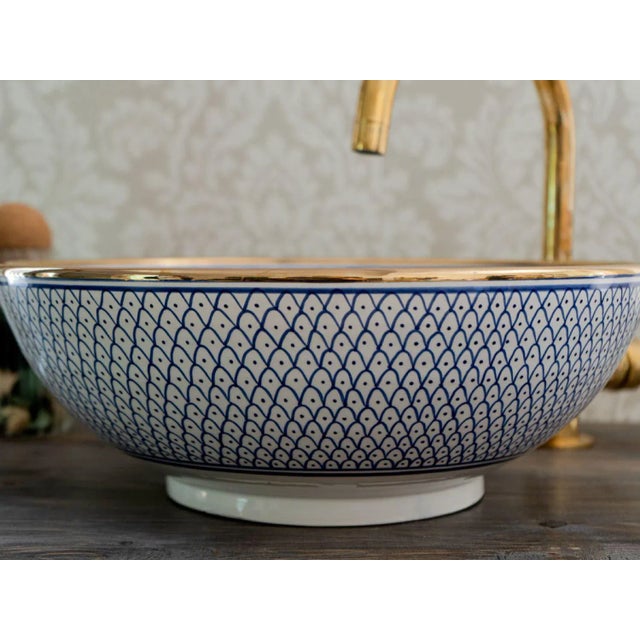 2020s Ceramic 14k Gold Rim Handmade Top Bathroom Sink, Blue For Sale - Image 5 of 5