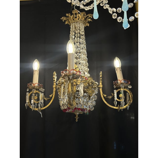 Gilt Bronze and Crystal 4-Light Chandelier with Enameled Glass Decoration, Early 20th Century For Sale - Image 10 of 12