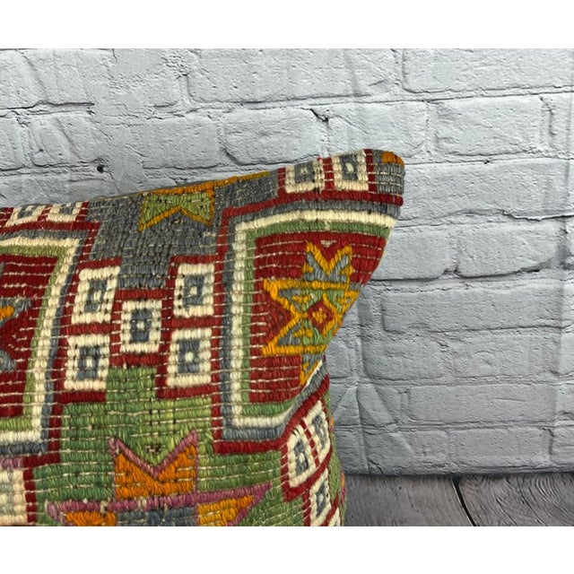 Turkish 20 x 20 Kilim Pillow Turkish Cushion Natural Green Pillow Cushion Cover For Sale - Image 3 of 4