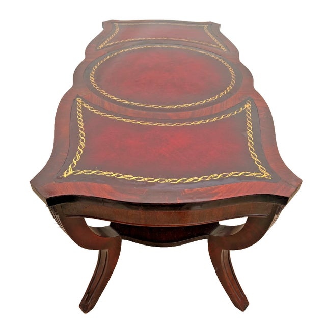 Brown Vintage Art Deco Style Coffee Table Bottom Shelf Embossed Leather Inlays Mahogany For Sale - Image 8 of 13