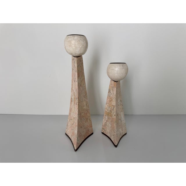 1980’s Postmodern Maitland Smith–Style Tessellated Stone & Brass Inlaid Sculptural Candle Holders – A Pair For Sale - Image 4 of 11