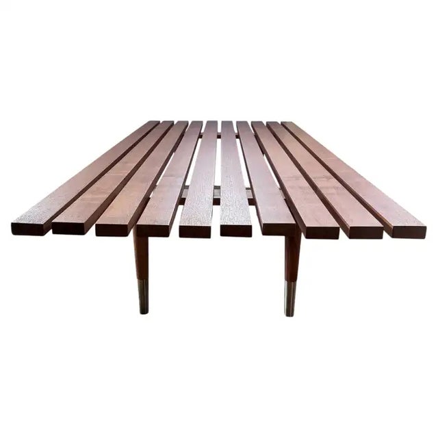 Mid-Century Modern George Nelson Style Mid Century Modern Slatted Wood Bench Daybed Tufted Cushion For Sale - Image 3 of 9