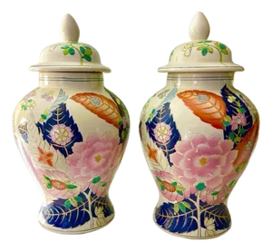 Mid 20th Century Tobacco Leaf Temple / Lidded Porcelain Hand Painted Jars