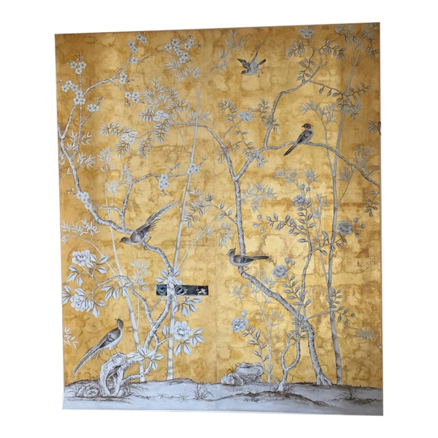 Chinoiserie Hand Painted Bamboo Floral Wallpaper Panel Murals on Gold Metallic 3ft X 8ft /Panel - 2 Panels For Sale