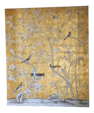 Chinoiserie Hand Painted Bamboo Floral Wallpaper Panel Murals on Gold Metallic 3ft X 8ft /Panel - 2 Panels
