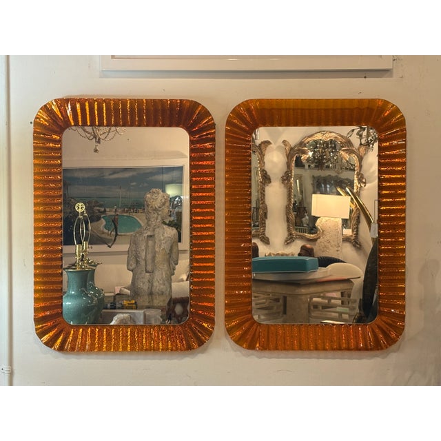 Contemporary Vintage Italian Glass Pair of Orange Scalloped Wavy Wall Mirrors by Linea Vetro For Sale - Image 3 of 16
