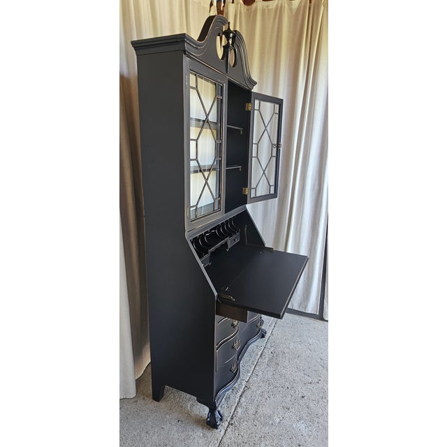 1940s Black Chippendale Style Secretary Desk/ Secretary Hutch, Circa 1940's For Sale - Image 5 of 16