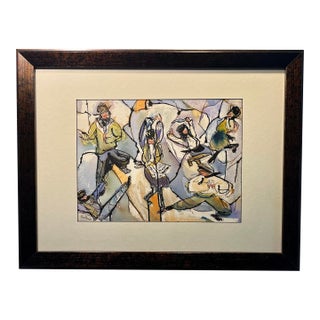 Vintage Original Fran Barrish Watercolor & Ink Painting "Peasant Dance" Jewish Art For Sale