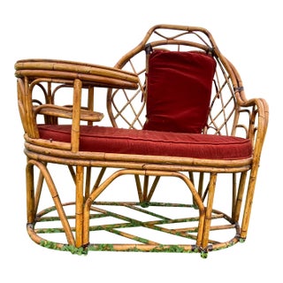 Vintage Boho Chic Bamboo Gossip Bench With Original Seat and Back Cushions, Original Glass Top on Table. In Immaculate Condition. For Sale