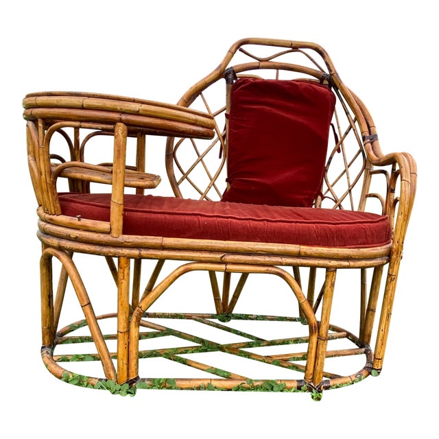 Vintage Boho Chic Bamboo Gossip Bench With Original Seat and Back Cushions, Original Glass Top on Table. In Immaculate Condition. For Sale