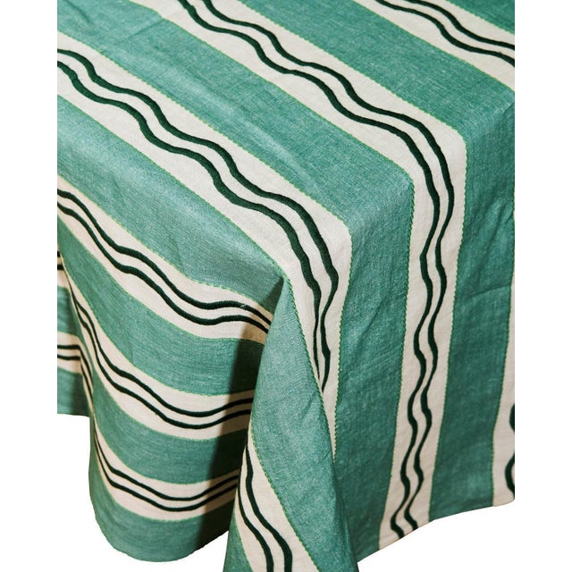Art Deco Misette Monaco Stripe Linen Embroidered Tablecloth - Long, Green 145" x 80" For Sale - Image 3 of 3