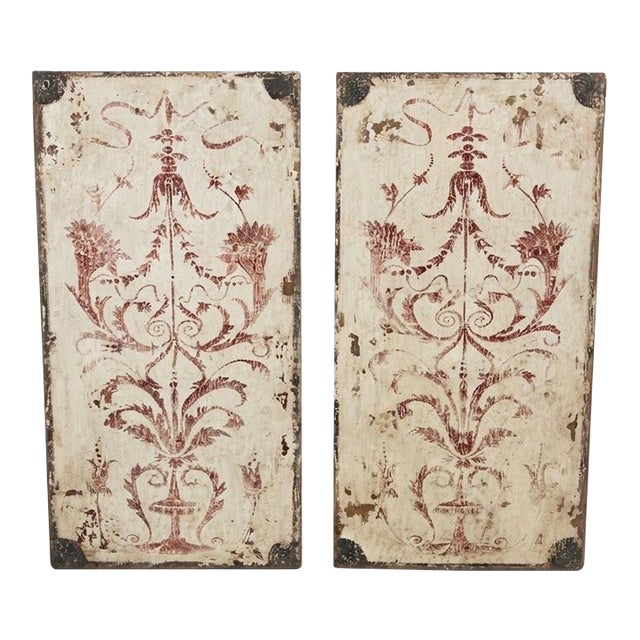 Pair of Vintage Distressed Botanical Wooden Wall Panel For Sale