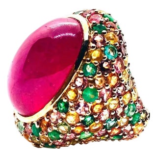 Bochic “Orient” Vintage Retro Emerald, Ruby & Sapphire Ring Set In 18K Gold & Si For Sale