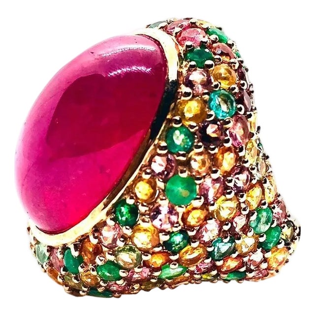 Bochic “Orient” Vintage Retro Emerald, Ruby & Sapphire Ring Set In 18K Gold & Si For Sale