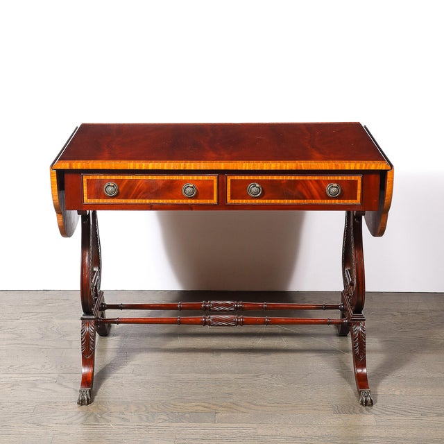 Edwardian Mahogany Writing Desk W/ Inlaid Exotic Wood Detailing & Bronze Pulls For Sale - Image 4 of 18