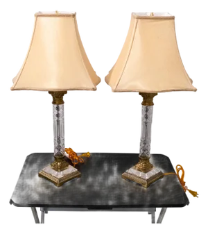 Pair of Neoclassical Column Crystal Glass Table Lamps