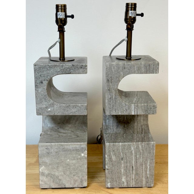 Stone 1980s Italian Sculptural Gray Marble Architectural Table Lamps - a Pair For Sale - Image 7 of 16
