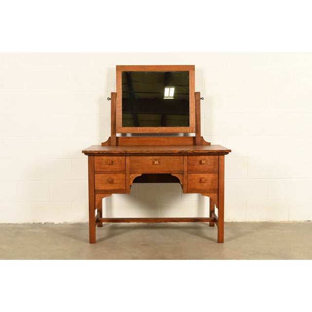 Limbert Style Antique Mission Oak Arts & Crafts Vanity or Dressing Table With Mirror, Circa 1910 For Sale - Image 14 of 14