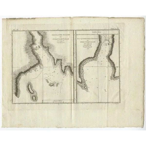 Antique map Kerguelen titled 'Sketch of Port Palliser on Kerguelen's Land (\.)'. Antique map of Port Pallisers & Kersmis,...