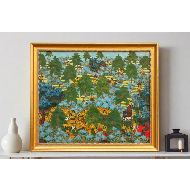 This vibrant painting, a celebration of Balinese life and traditions, captures the essence of a bustling harvest scene....