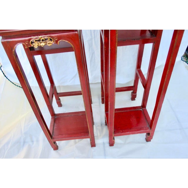 Chinese Red Lacquer Tall Plant Tables - A Pair of 2 For Sale In New York - Image 6 of 17