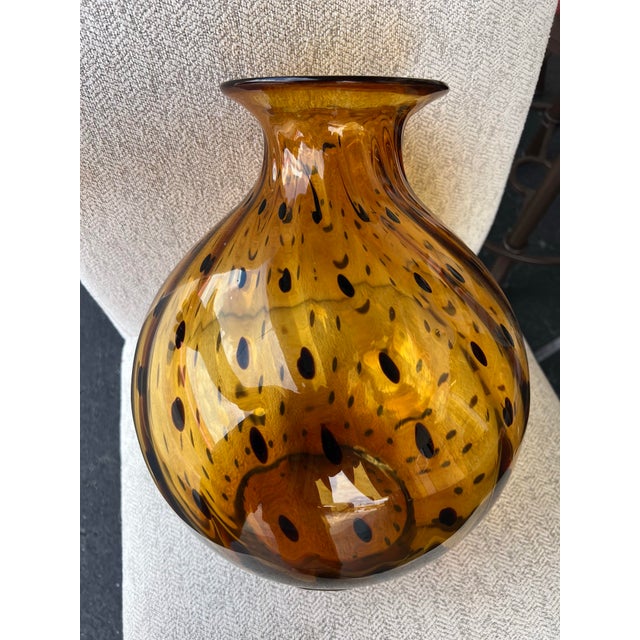 Contemporary Vintage Hand Blown Amber Swirl Tortoise Spotted Glass Vase For Sale - Image 3 of 8