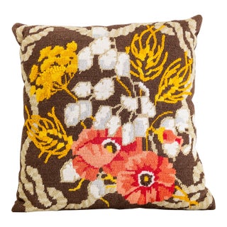 Fall Floral Needlepoint Accent Pillow With Poppies and Yarrow For Sale