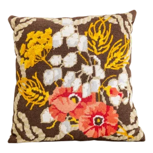 Fall Floral Needlepoint Accent Pillow With Poppies and Yarrow